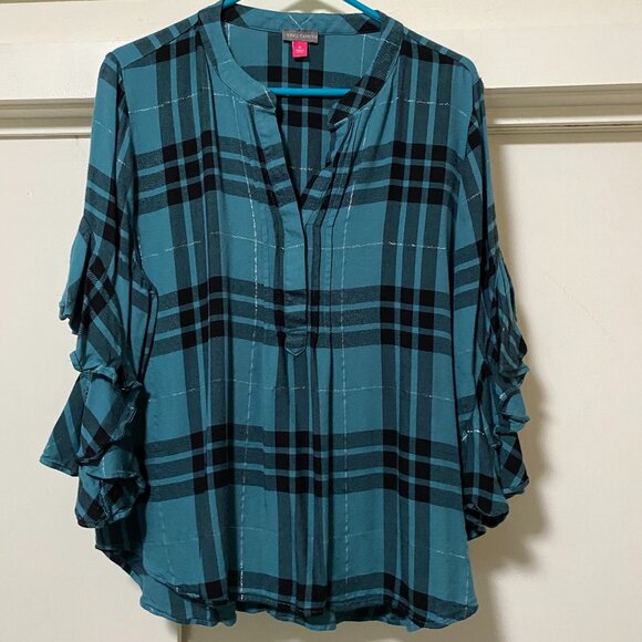 Vince Camuto, teal & black flutter sleeve, flannel shirt w/sparkle, size XL - Picture 1 of 8